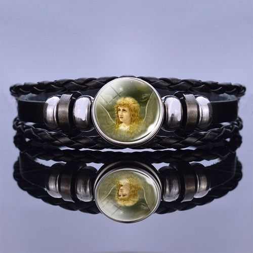 Bracelet En Cuir Noir Tissé À La Main Pour Femmes Et Hommes, Cadeau Punk, Cabochon En Verre Transparent, Petit Ange Pour Bébé