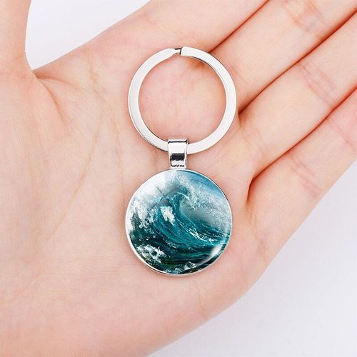 Porte Clé Glamour En Métal Bleu Ondulé, Pendentif En Forme De Vague D'eau, Dôme En Verre De Surf Naturel, Cadeau
