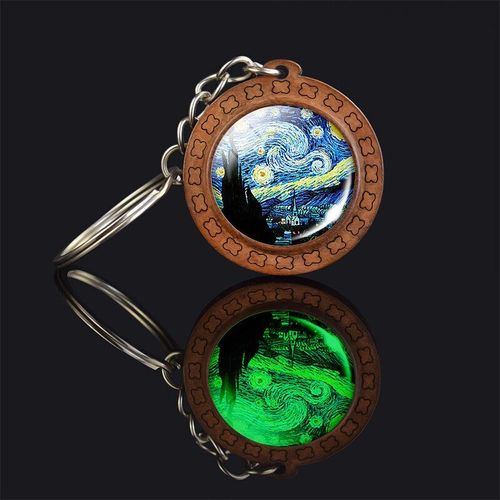 Porte Clés Van Gogh En Bois Tournesol Nuit Étoilée, Cabochon En Verre, Bijoux, Pendentif À La Mode, Cadeau Pour Hommes Et Femmes