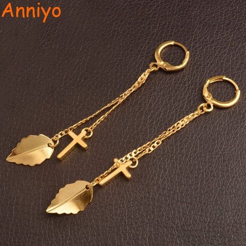 Boucles D'oreilles Feuilles Et Croix Pour Femmes/Filles, Bijoux Religieux Tendance, Cadeaux #002709, Couleur Or Jaune