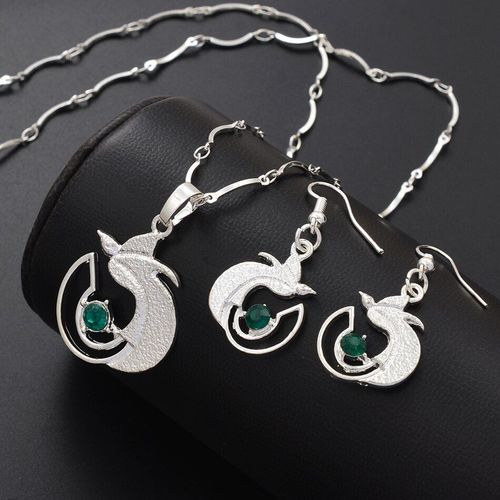 Ensemble Pendentif, Collier Et Boucles D'oreilles En Forme D'oiseau, Couleur Argent, Avec Pierre Verte, Nouveauté Guinée, Bijoux Magnifiques, # 109406b