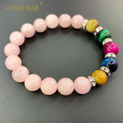 Bracelet À Cinq Éléments En Quartz Rose Naturel, Améthystes, Perles En Pierre D'oeil De Tigre Avec Strass, Ligne Élastique, Vente En Gros