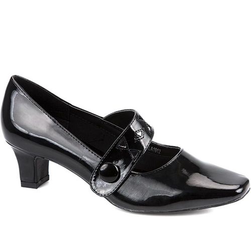 Pavers Chaussures Mary Jane Petite Talon Bande Cheville Découpée Couleur Noir Patent