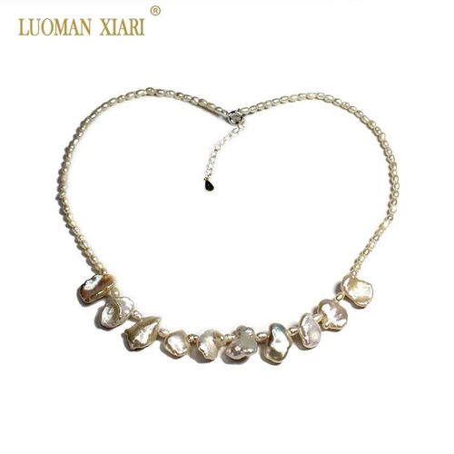 Collier De Perles Naturelles Blanches En Forme De Riz, Bijoux Baroques En Forme D'os, Cadeau Pour Femmes Et Filles D'environ 49cm, Vente En Gros