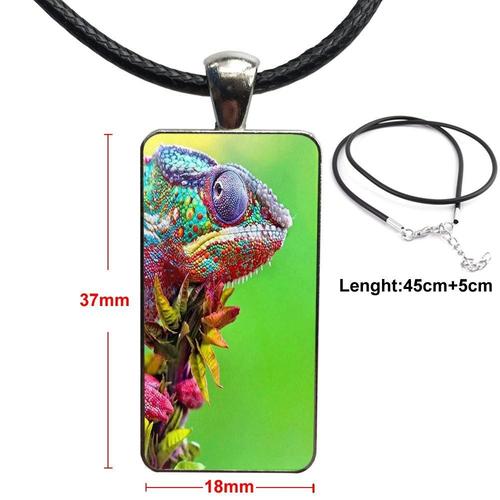 Collier Avec Cabochon En Verre Plaqué Acier Pour Filles, Long Pendentif Rectangulaire, Collier Avec Motif D'iguane, De Caméléon Et De Lézard