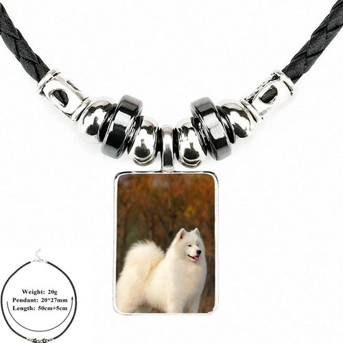 Pendentif De Perles En Cuir Noir Avec Cabochon En Verre, Long Collier Ras Du Cou Pour Écolière Maxi Style Samoyed Blanc Mignon