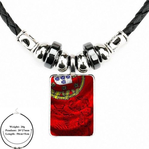 Bijoux Avec Cabochon En Verre Pour Enfants, Long Pendentif Ras Du Cou, Perle En Cuir Noir, Joli Drapeau Du Portugal