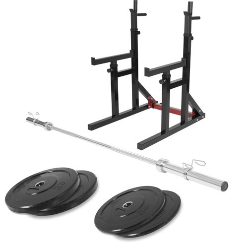 Gorilla Sports - Squat Rack Avec Barre Olympique De 218cm + 30kg Des Poids (2x5 Et 2x10) Bumper En 51mm