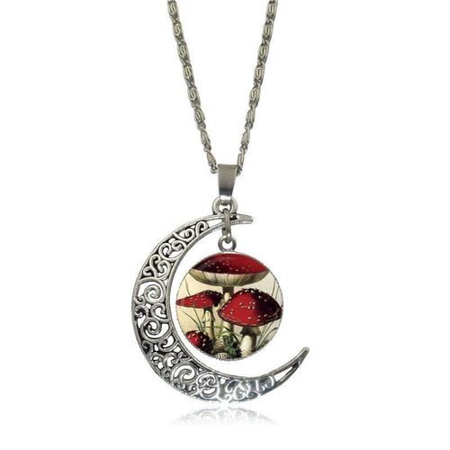 Ej Glaçure Rouge Champignon, Cabochon En Verre, Pendentif Lune, Collier Ras Du Cou, Bijoux Pour Cadeau De Saint Valentin