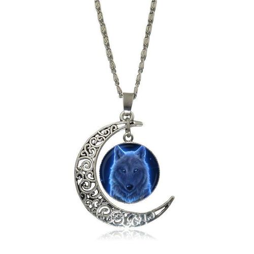 Collier À Pendentif En Forme De Loup Pour Filles, Bijoux En Verre Plaqué Argent, Cabochon, Croissant De Lune, Long Ras Du Cou