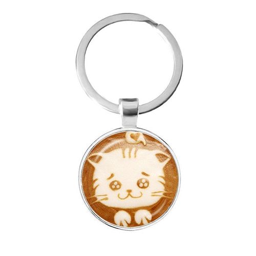 Café Latte Sculpture Visage Souriant, Cabochon En Verre, Porte Clés Chocolat Impression Fleur Trèfle À Quatre Feuilles Chat Charme Cadeau