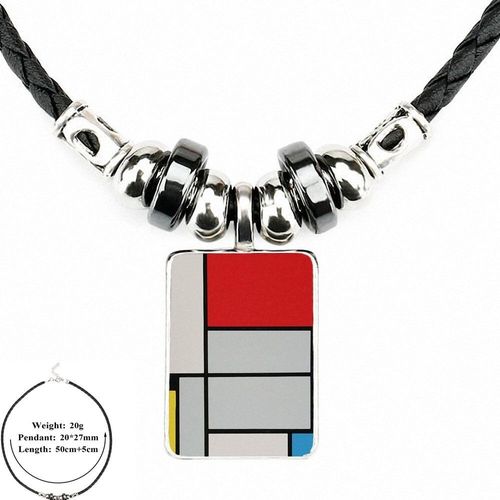 Bijoux En Cuir Noir Pour Amoureux, Meilleur Cadeau Pour Petite Amie, Pendentif Perle En Cuir Noir, Cabochon En Verre, Long Collier Pendentif Mondrian