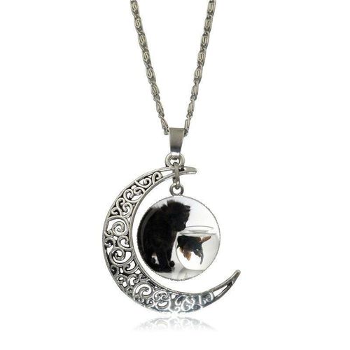 Pendentif En Verre, Croissant De Lune, Pour Femme, Collier Pour Enfant, Chat Noir Et Poisson