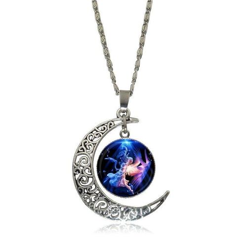 Collier Avec Pendentif Ange En Verre Plaqué Argent, Long Ras Du Cou En Forme De Croissant De Lune, Cabochon, Cadeaux Pour Filles