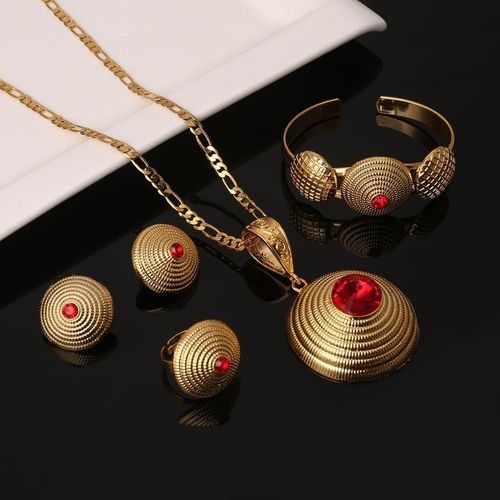 Ensemble De Bijoux De Mariage Éthiopien, Couleur Or, Pierre Rouge, Boucles D'oreilles, Bague, Bracelet, Pendentif, Érythréen, Afrique Habesha