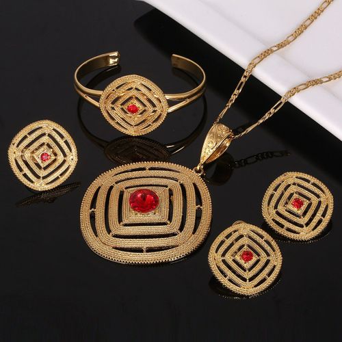 Bijoux De Mariage Éthiopien En Pierre Rouge, Ensembles De Bijoux Habesha De Couleur Or, Pendentif, Collier, Boucles D'oreilles, Bague, Bijoux Africains Érythréens