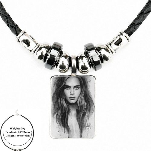 Pendentif En Cuir Noir Avec Cabochon En Verre, Long Collier Ras Du Cou Pour Hommes Et Femmes, Cara Delevingne