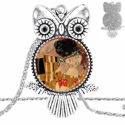 Cabochon En Verre Pour Femmes, Bijoux Avec Pendentif Long, Ras Du Cou, Hibou, Collier Gustav Klimt The Kiss, Cadeau De Fête