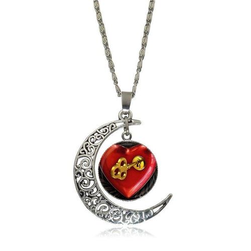 Collier En Verre Pour Femmes Et Filles, Pendentif Croissant De Lune, Breloque Clé Rouge Pour Ouvrir Le C¿Ur
