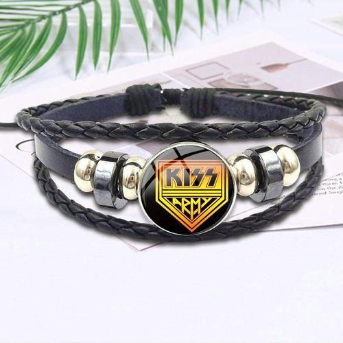 Bracelet En Cuir Noir De Marque, Cabochon En Verre, Bijoux Pour Femmes Et Filles, Fait À La Main, Rock Band Kiss