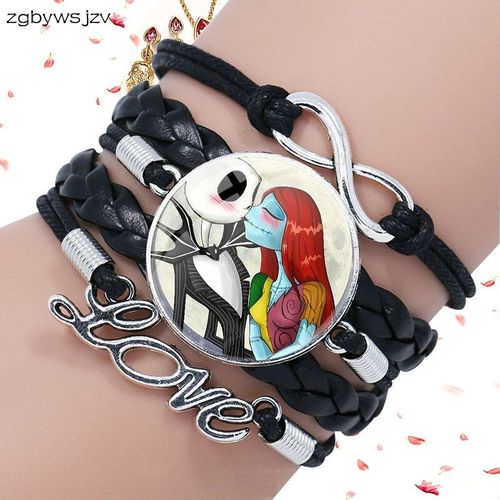 Bracelet Jack Skellington En Cuir Noir Pour Femmes, Bijoux Vintage, Cabochon, Collier Coloré, Multicouche, Noir, Cauchemar Avant Noël