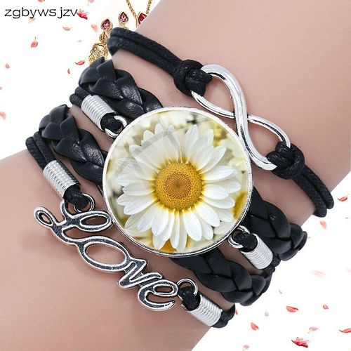 Bracelet Rond En Cuir Noir Multicouche, Cabochon En Verre Pour Mariage, Bijoux Cadeaux, Tournesol Marguerite