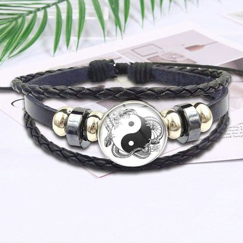 Bracelet En Cuir Noir Pour Femmes, Bijoux, Cabochon En Verre, Classique, À La Mode, Tai Chi, Dragon, Tigre, Yin Yang