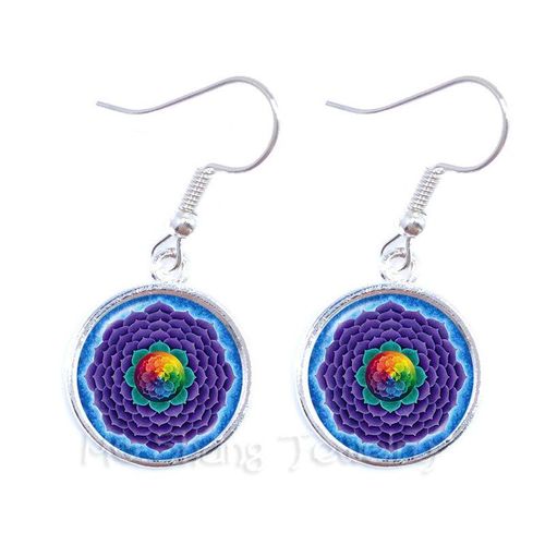 Boucles D'oreilles Avec Fleur De Vie Pour Femmes, Bijoux Tibétain, Mandala, Gris, Om, Vintage, Bouddhisme, Méditation, Dôme En Verre