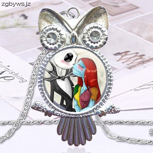 Collier Avec Pendentif En Forme De Hibou Pour Femme, Bijoux En Verre Plaqué, Ras Du Cou, Jack Skellington