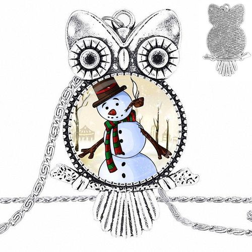 Collier Ras Du Cou En Verre Plaqué Glaçure, Long Pendentif Hibou, Cadeau Pour Filles, Bonhomme De Neige Blanc De Dessin Animé