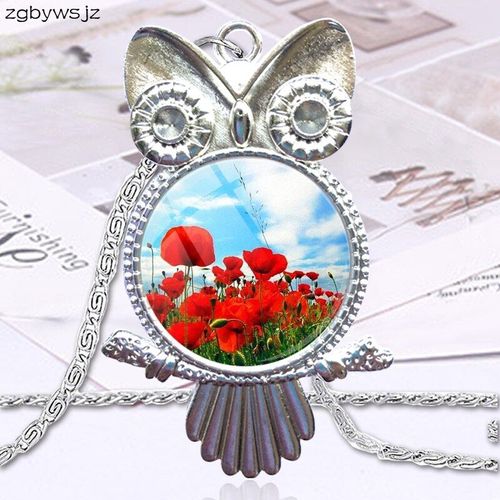 Collier À Fleurs De Pavot Rouge Pour Femmes, Fait À La Main, Bijoux Vintage, Cabochon En Verre, Ras Du Cou, Long, Hibou