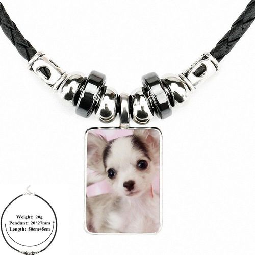 Bijoux Vintage Pour Femmes Et Hommes, Bijoux De Fête, Noir, Cuir, Perle, Pendentif En Verre, Cabochon, Collier, Chihuahua, Chien, Chiot