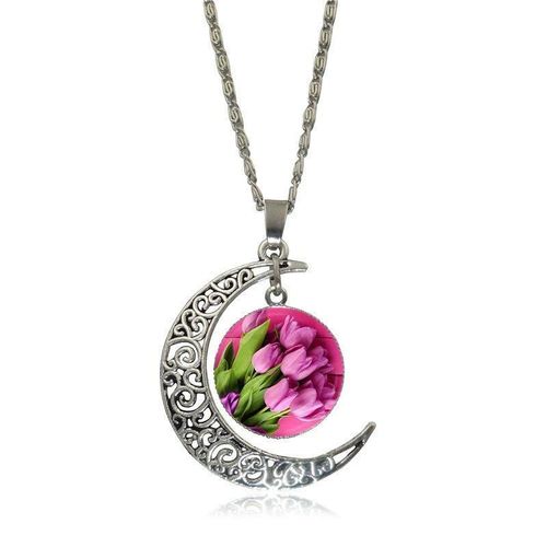 Collier En Verre Pour Femmes, Cadeau De Mariage, Tulipe Rose, Cabochon, Pendentif Lune, Ras Du Cou, Bijoux À La Mode