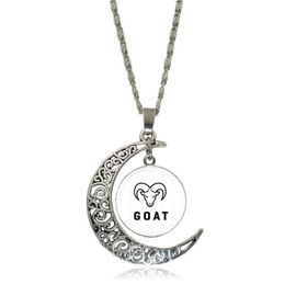 Collier Ras Du Cou En Forme De Croissant De Lune Pour Homme Et Femme, Bijoux En Forme De Tête De Chèvre, Cabochon En Verre, Couleur Argent