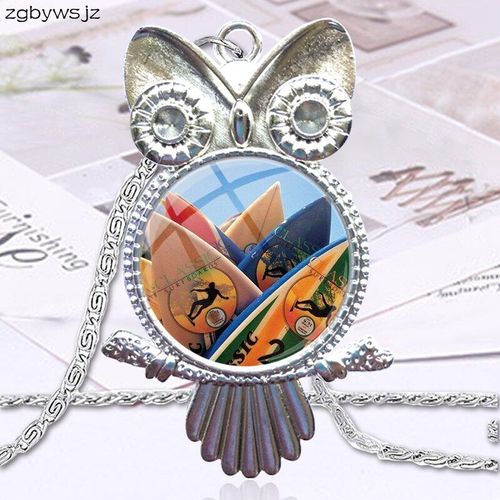 Collier Ras Du Cou En Verre Pour Femmes, Cabochon, Hibou, Bijoux, Cadeau De Noël, Planche De Surf, Sport