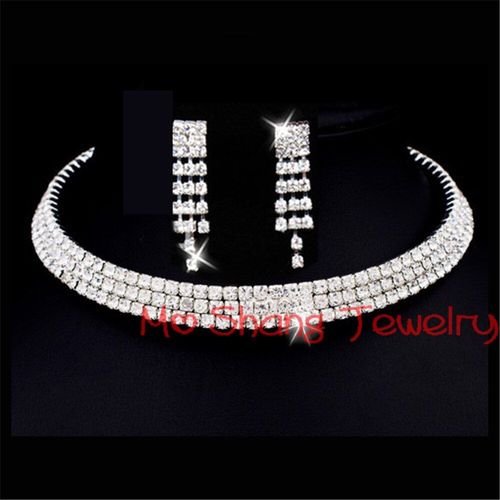 Colliers En Cristal À Strass 3 Rangées, Plaqué Argent, Ras Du Cou, Collier De Mariée Avec Boucles D'oreilles, Breloques, Ensemble De Bijoux Pour Fête