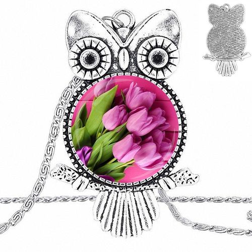 Collier En Forme De Tulipe Rose, Cabochon En Verre, Pendentif Hibou, Ras Du Cou, Bijoux Pour Femmes, Filles, Meilleur Cadeau De Déclaration