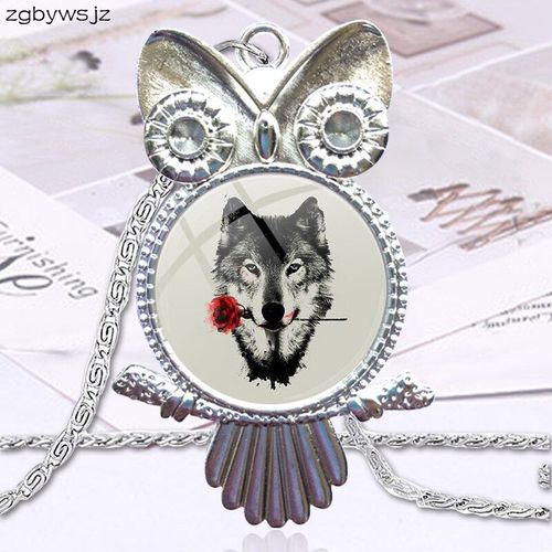 Collier Vintage En Verre Pour Femmes Et Garçons, Cadeaux, Design, Mode, Hibou, Loup Avec Fleur De Rose