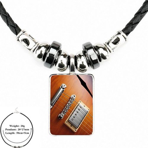 Collier Pendentif Perle En Cuir Noir, Super Brillant Journée Discount Guitare Pour Amoureux Meilleure Amitié Verre Cabochon Bijoux Anime