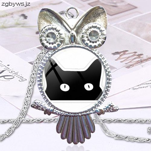 Collier Cabochon En Verre Pour Femme, Chaton Chat, Cadeau De Noël, Pendentif, Hibou, Bijoux