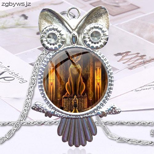 Collier Avec Pendentif En Verre, Cabochon, Hibou, Pour Femmes Et Enfants, Statue De Déesse, Chat Égyptien Antique