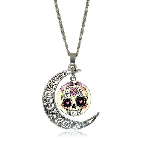 Collier Lumineux En Forme De Croissant, Pour Cadeau De Fête Unisexe, Tête De Mort, Avec Amour, Bijoux Vintage, Plaqué Argent