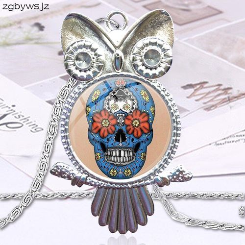 Collier Cabochon En Verre Avec Crâne De Sucre Pour Femmes, Pendentif De Déclaration, Hibou, Bijoux De Haute Qualité Pour Filles