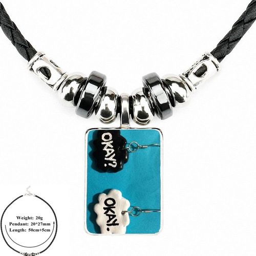 Collier Avec Pendentif En Cuir Noir, Cabochon En Verre Classique, Chaîne Avec Perles