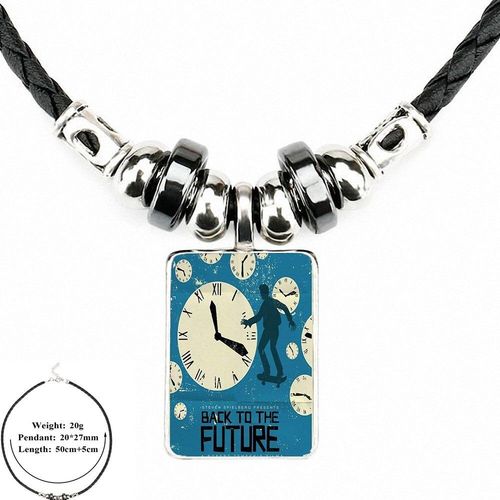 Pendentif En Cuir Noir Avec Cabochon En Verre, Long Collier Pour Enfant, Affiche Retour Vers Le Futur