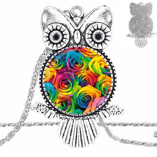 Cabochon En Verre Émaillé, Bijoux Avec Long Pendentif Ras Du Cou, Collier Hibou Pour Hommes Et Femmes, Fleur De Rose