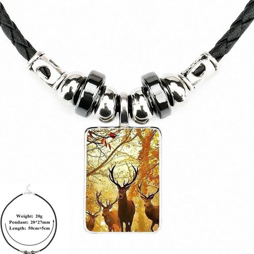 Collier Cabochon En Verre De Cerf Sauvage, Pendentif En Cuir Noir Personnalisable, Perle, Bijoux Pour Hommes Et Femmes, Cadeau De Fête