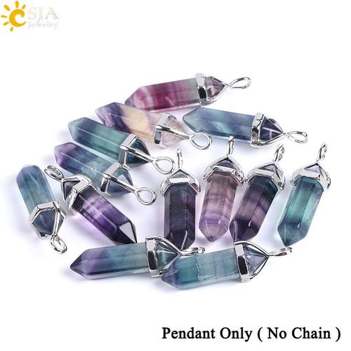 Csja Fluorite Pendentif En Pierre Naturelle Collier De Quartz Balle Hexagonal Point Pendule Colonne Reiki Guérison Femmes Colliers E546