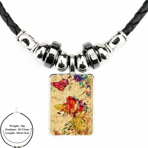 Pendentif Perle En Cuir Noir, Bijoux En Verre, Cabochon Ras Du Cou, Long Collier Pour Femmes Filles Fait À La Main Carte Du Monde Vintage