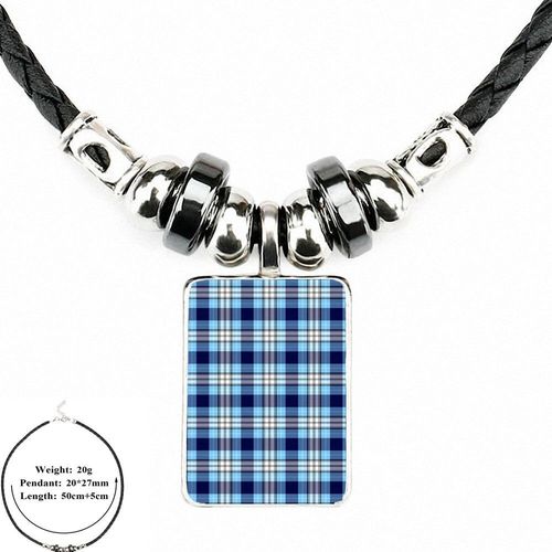 Collier Cabochon En Verre Pour Hommes Et Femmes, Pendentif Personnalisable, Perle En Cuir Noir, Bijoux À Carreaux Bleu Clair Imprimé